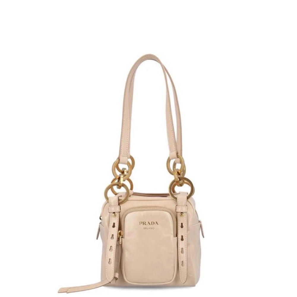 Prada Beige Leather Shoulder Bag with Gold Accents